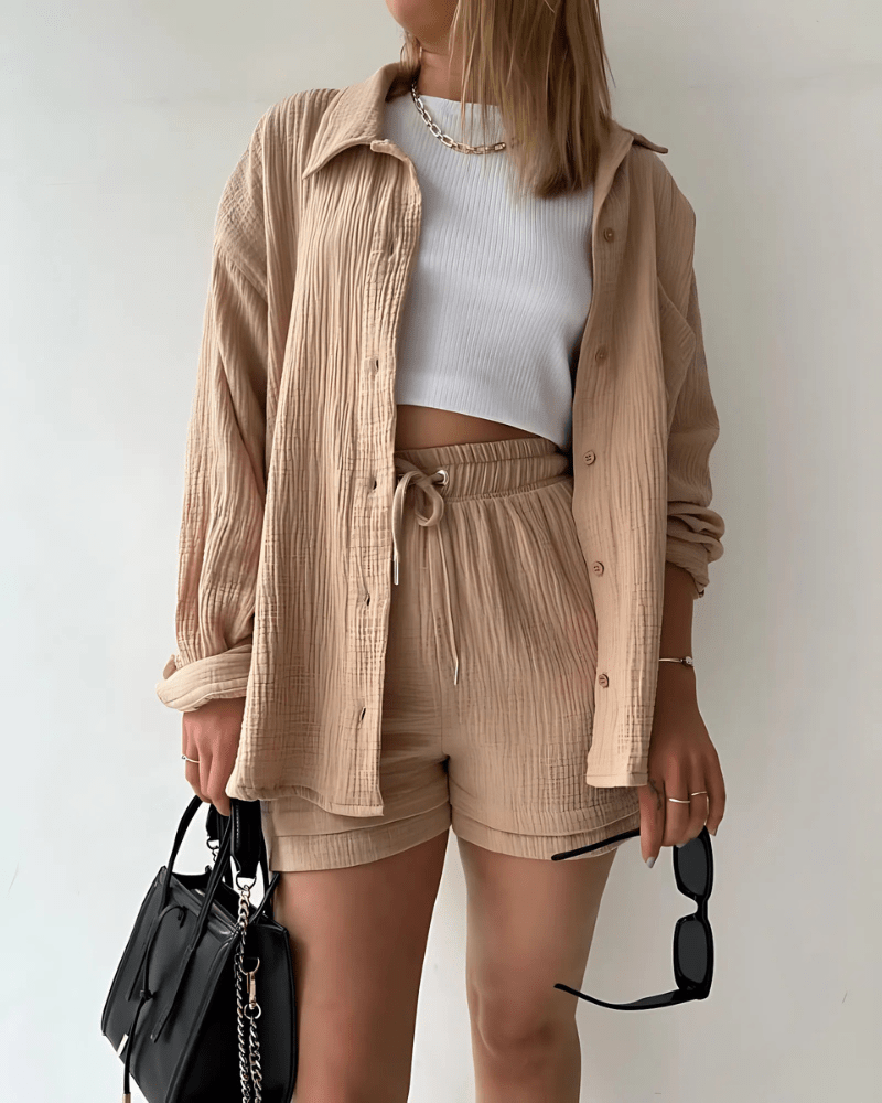 Maylee - Cotton Button-Up Shorts Set