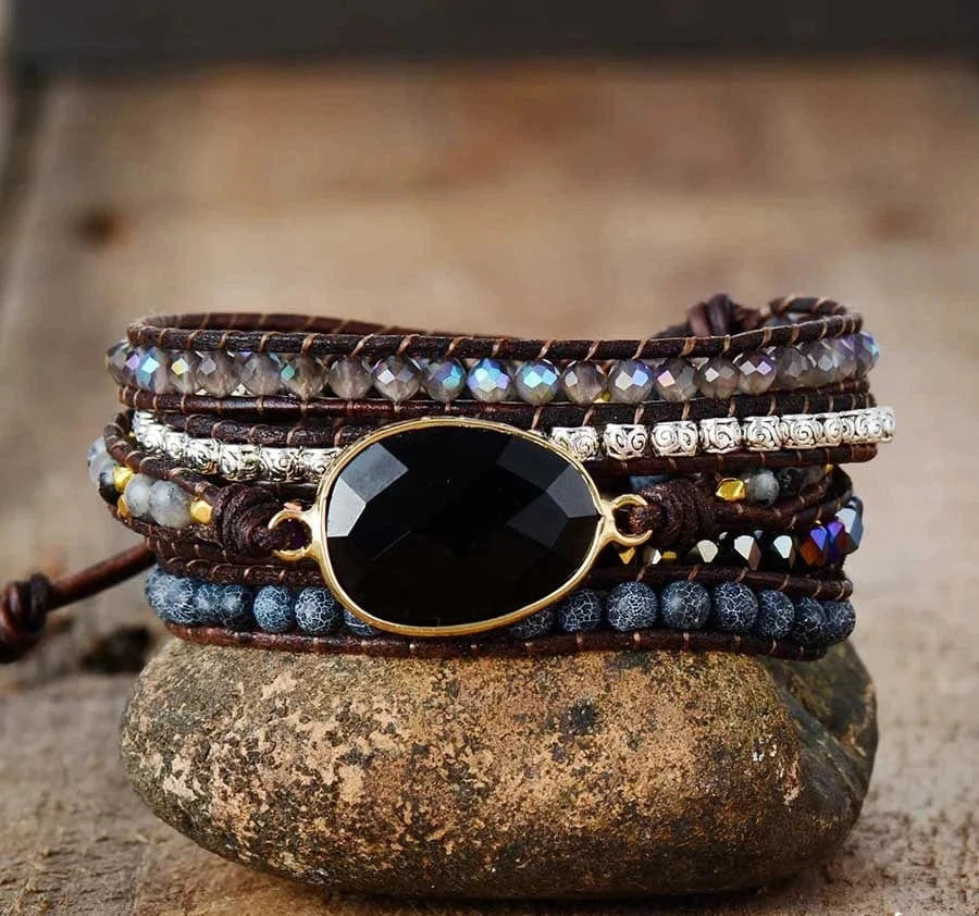 Natural Black Onyx Beaded Wrap Bracelet