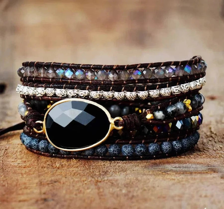 Natural Black Onyx Beaded Wrap Bracelet