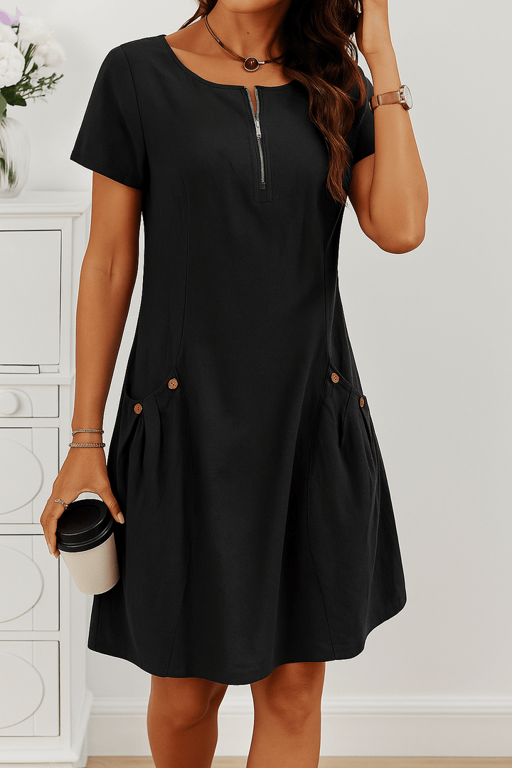 Rudina - Elegante Vestido De Algodón De Manga Corta Con Bolsillos