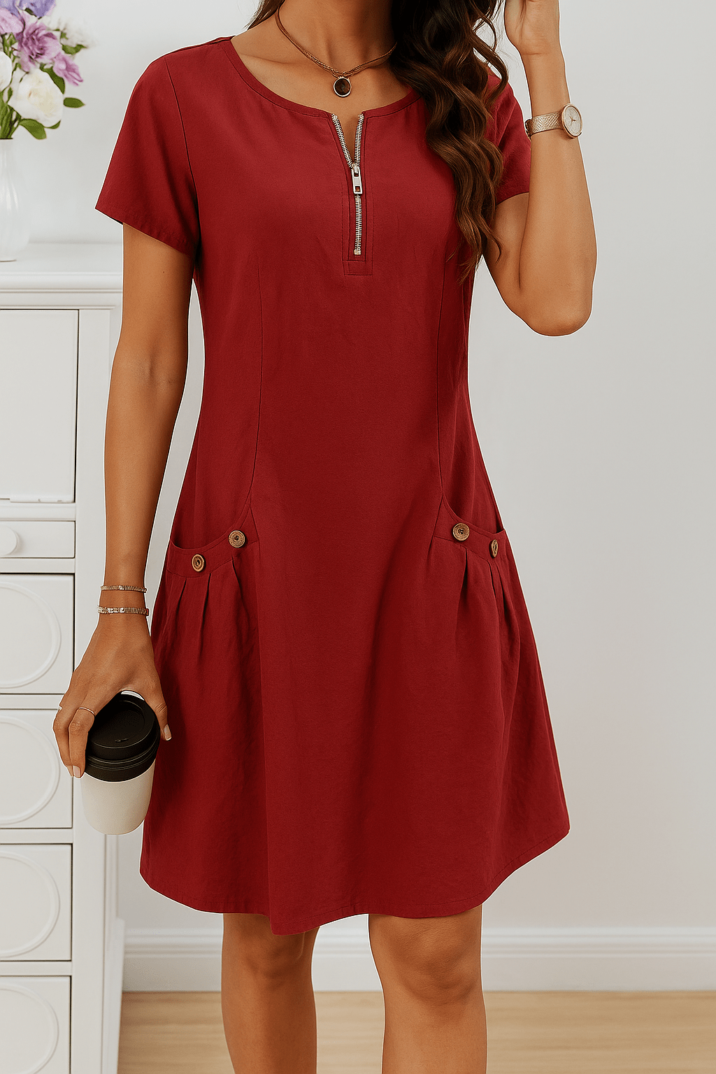 Rudina - Elegante Vestido De Algodón De Manga Corta Con Bolsillos