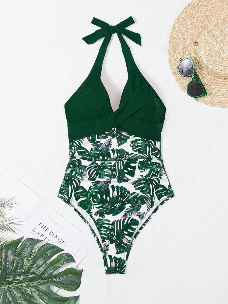 Costume da Bagno Foglia Tropicale – Scollo a V e Stile Modellante