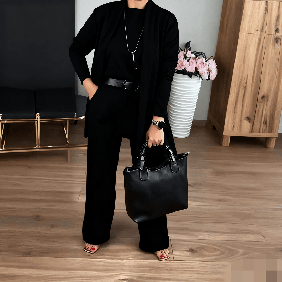 Elegantes 3-teiliges Set aus Longline-Cardigan, Top und Hose