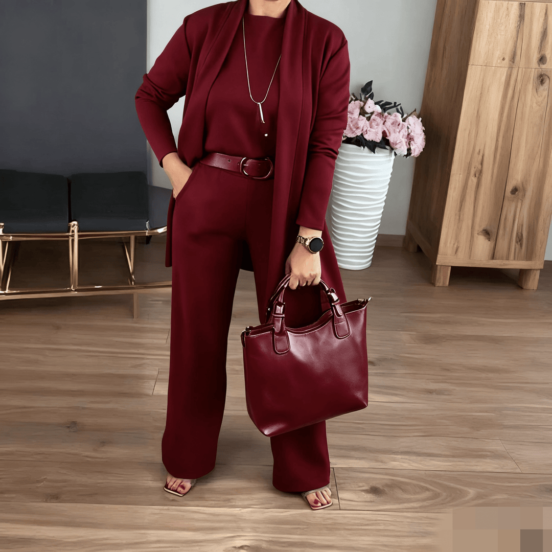 Elegantes 3-teiliges Set aus Longline-Cardigan, Top und Hose