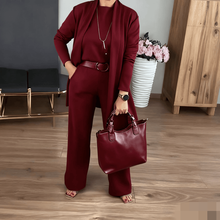 Elegantes 3-teiliges Set aus Longline-Cardigan, Top und Hose
