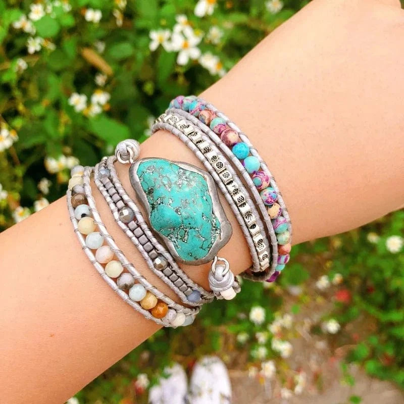 Turquoise, Jasper & Amazonite Leather Wrap Bracelet