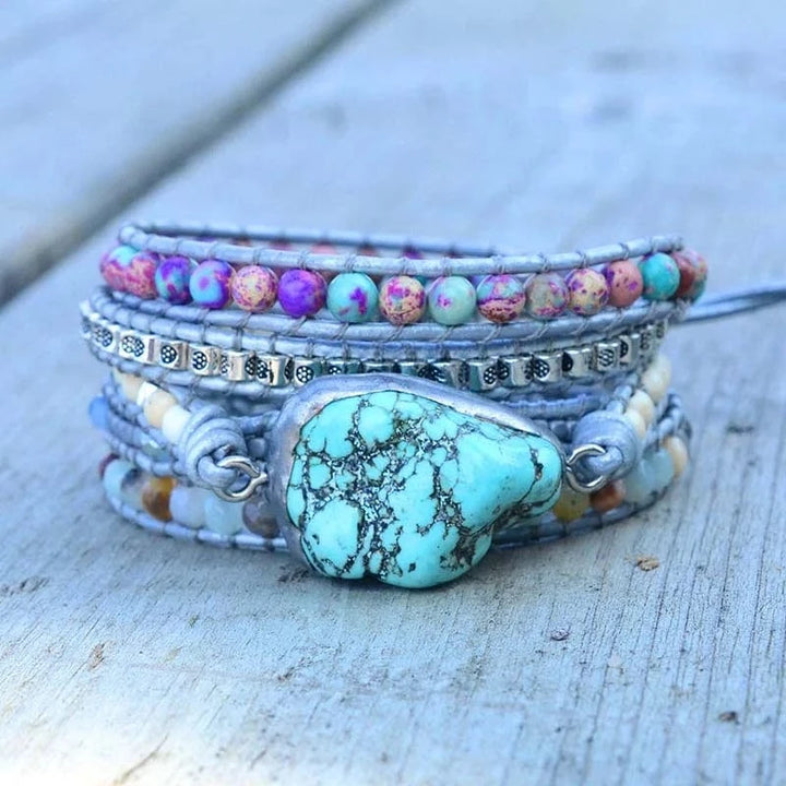 Turquoise, Jasper & Amazonite Leather Wrap Bracelet