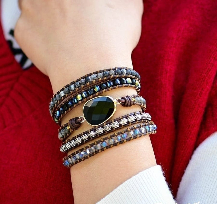 Natural Black Onyx Beaded Wrap Bracelet