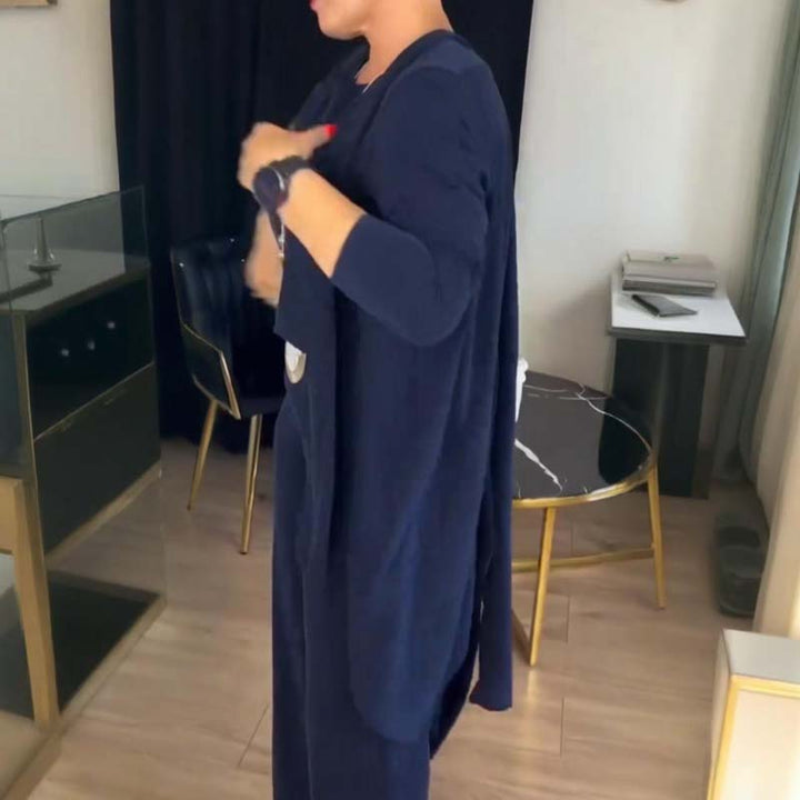 Elegantes 3-teiliges Set aus Longline-Cardigan, Top und Hose